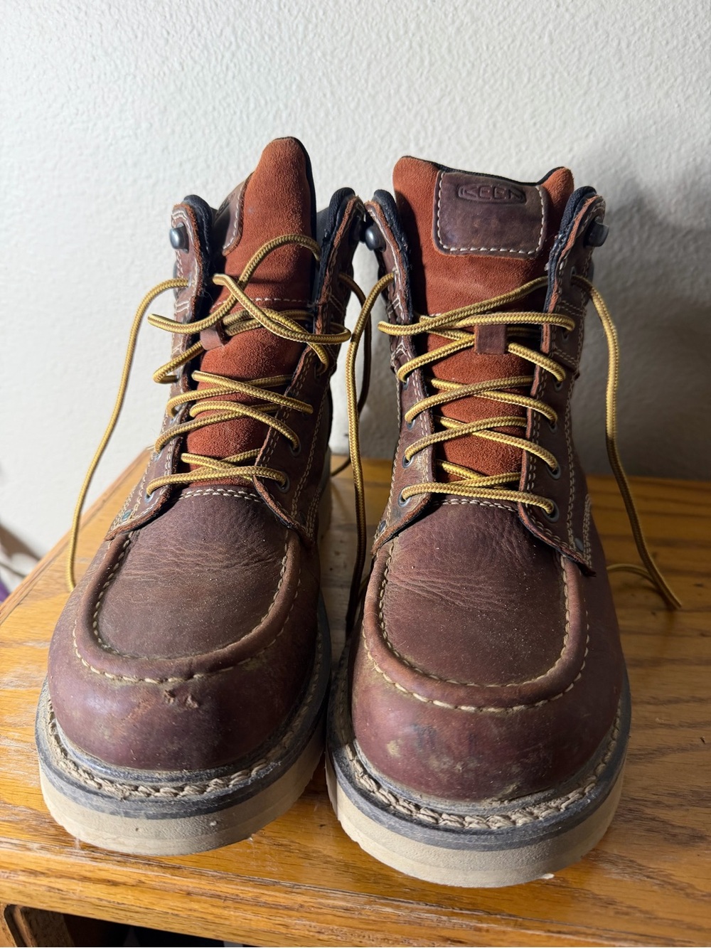 Keen Brown Leather Carbon Toe Work Boots with Yellow Laces
